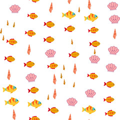Seamless pattern of cartoon fish and seashells © rahma
