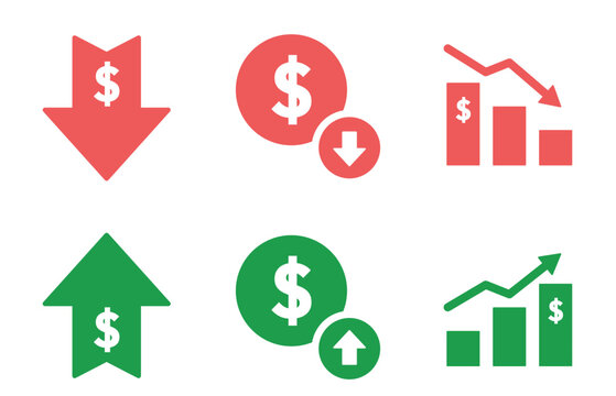 Set of red and green financial icons showing dollar currency increase with charts representing positive