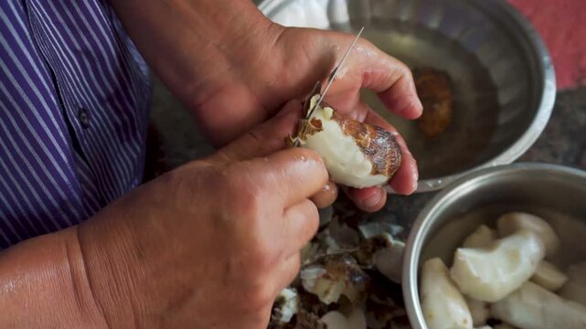 Person peeling arbi (Colocasia esculenta), also known as taro root, in a traditional household kitchen