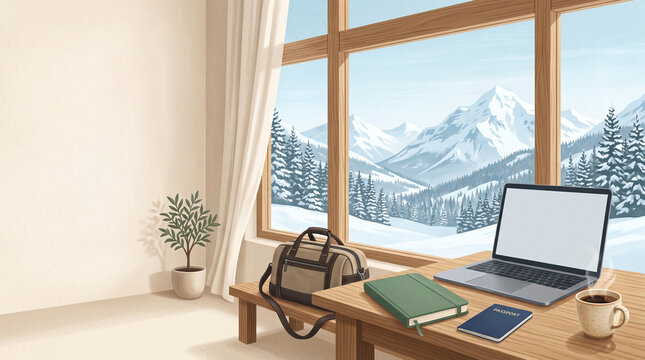 Cozy winter office with laptop and mountain view illustration