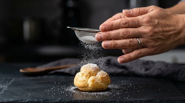Hands dusting powdered sugar on cream puff dessert with sieve
