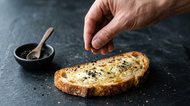 Hand sprinkling black caviar on buttered toast with olive oil