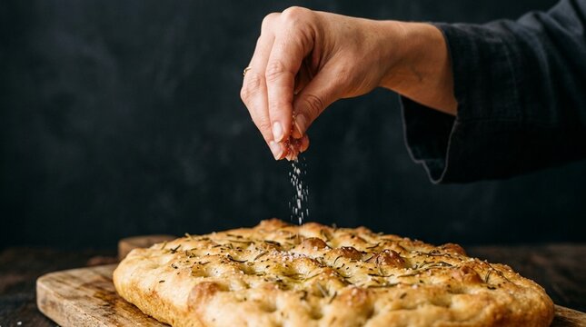 Hand Sprinkling Salt on Fresh Baked Focaccia Bread - Food Preparation