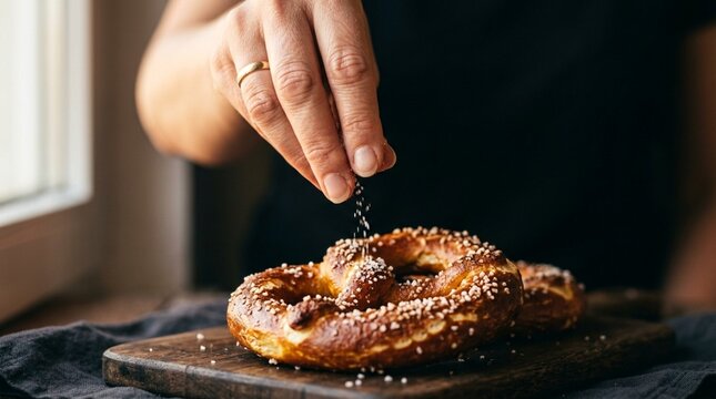 Hand Sprinkling Salt on Freshly Baked Pretzel