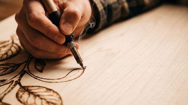 Artist burning a leaf design onto wood with a pyrography tool