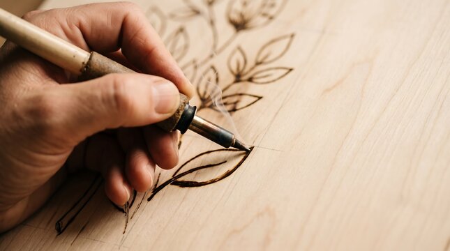 Artist burning floral design onto wood with pyrography tool