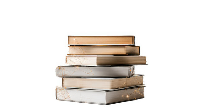 Stack of books with glowing digital network lines isolated on a