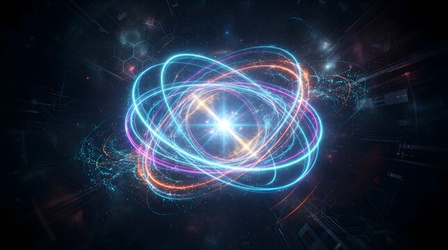 Futuristic Abstract Background with Glowing Neon Rings Orbiting a Central Light Source, Representing Quantum Energy, Atomic Structure, and High Tech Scientific Innovation in Dark Space