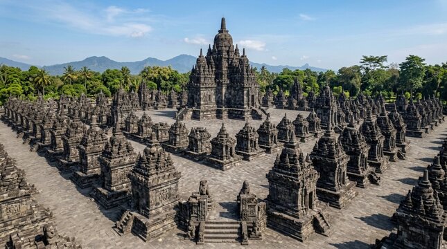 Ancient Buddhist Temple Complex in lush green landscape, Indonesia