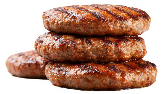 Stack of three grilled beef burger patties isolated on a transparent