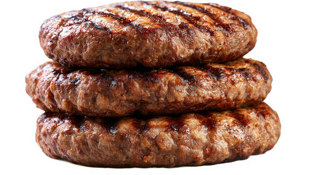 Stack of three grilled beef burger patties isolated on a transparent