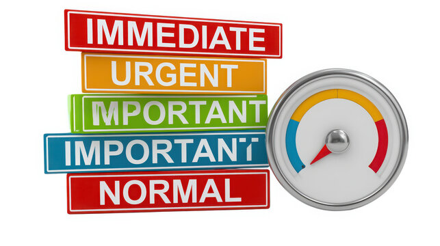 Urgent priority signs set with labels and speedometer graphic for