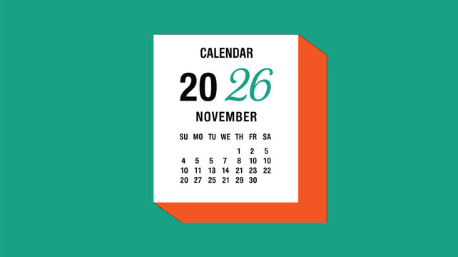 2026 November Calendar Design with Minimalist White Page and Green Background