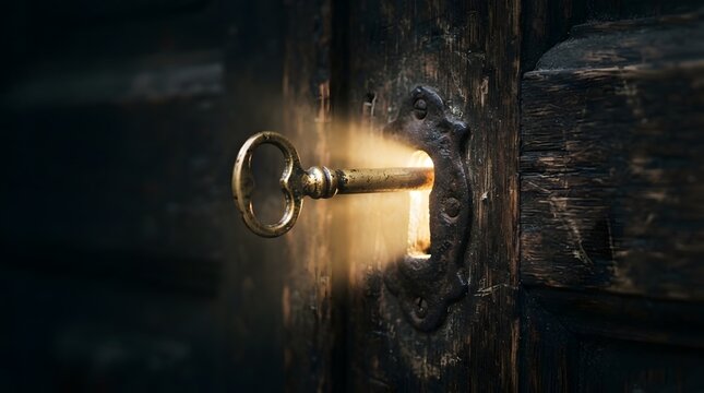 Vintage brass key inserted in an antique wooden door keyhole with bright mysterious golden light glowing from within, conceptual image of discovery, opportunity, and unlocking success.