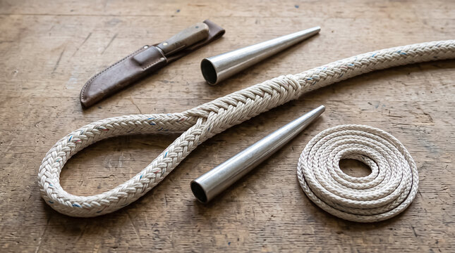 A coiled white rope with a metal splicing fid tool and a sharp knife arranged on a rough grey surface for marine rigging and nautical knot work