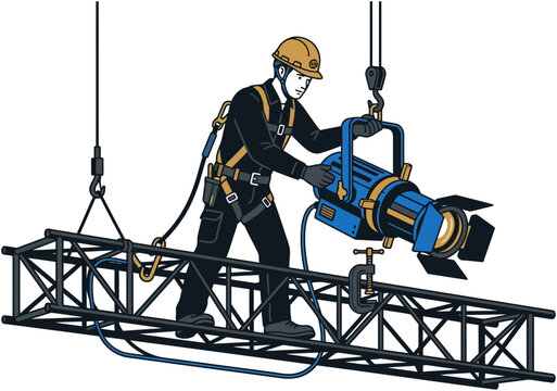 Professional Stage Technician in Safety Harness Installing Spotlight on Suspended Metal Truss Vector Illustration