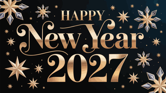 Elegant Happy New Year 2027 Gold Typography with Sparkling Stars on Black Background