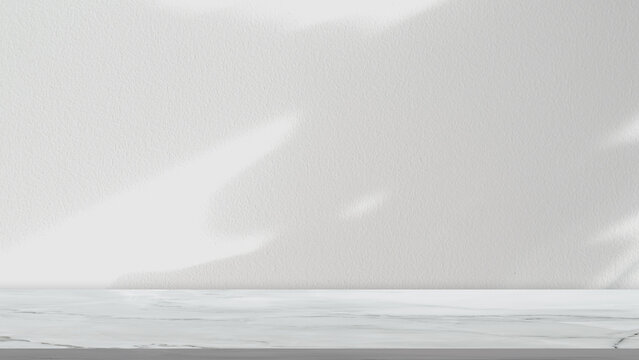 White and grey marble floor background with soft leaf shadow and natural light on plaster wall, Minimalist product display setting with subtle texture,Empty space for branding and advertising design