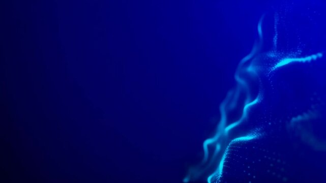 Teal particle stream flowing from right to left across a dark navy background with empty space on the left for text.