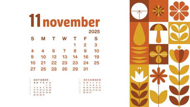 November 2025 Calendar with Autumn Botanical Leaf Illustrations in Warm Orange and Brown