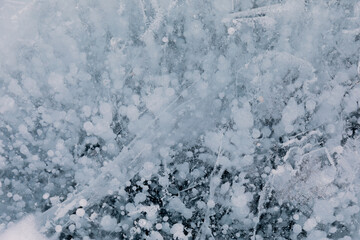 Detailed macro shot of frozen white methane bubbles and cracks trapped under clear blue winter ice in Irkutsk Oblast, Russia, showing natural texture and deep cold water patterns © TravelFlow