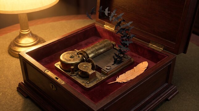 An open wooden music box reveals intricate mechanisms and a delicate feather on a velvet lining.