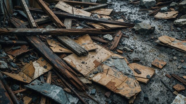 Close up view of messy debris on ground. Broken wood planks, scraps of cardboard, scattered waste lie in mud. Construction site remains disaster aftermath shows destruction, ruins, ruined materials
