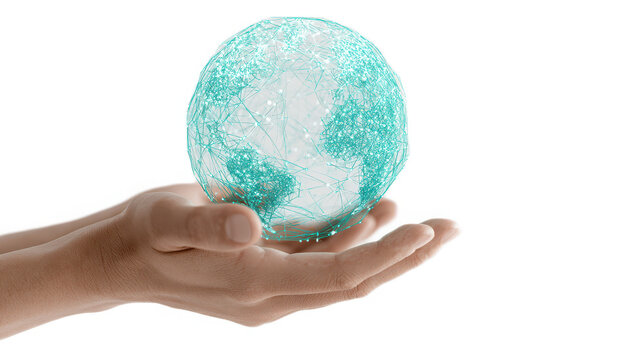 Two human hands holding a glowing turquoise digital globe isolated on