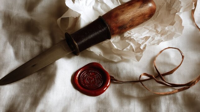 Broken wax seal with crest stamp and dagger, security and authenticity concept