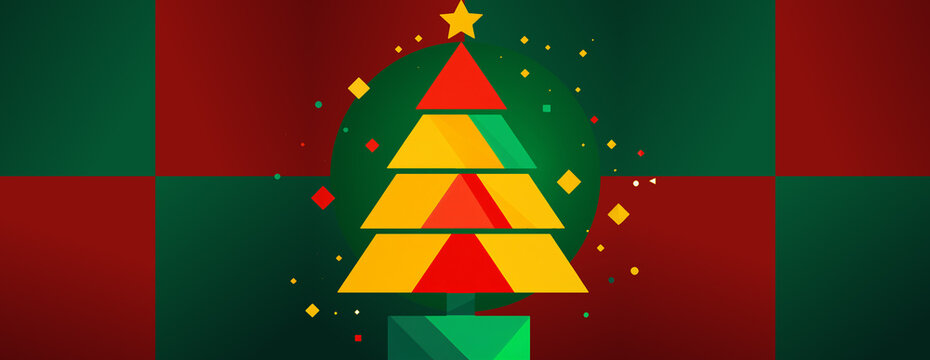 stylized christmas tree illustration composed of geometric triangular tiers in red and yellow crowned with a gold star surrounded by tiny confetti squares on a checkered pattern