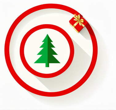 green christmas tree icon inside concentric red circular frames alongside a small red gift box tied with a golden ribbon placed on the outer ring