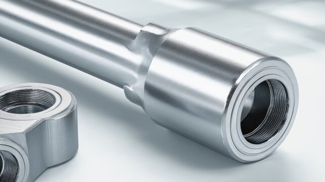 Metal pushrod and rocker arm on grey surface, automotive repair and maintenance concept
