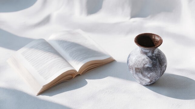 Leather guestbook with blank page and ceramic vase, hospitality and welcome concept