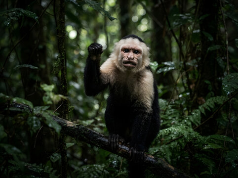 White headed capuchin monkey sitting on a tree branch isolated