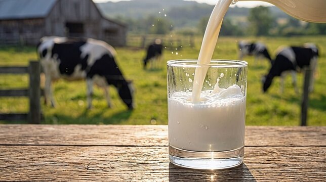 Fresh milk pouring into glass with dairy cows on farm background