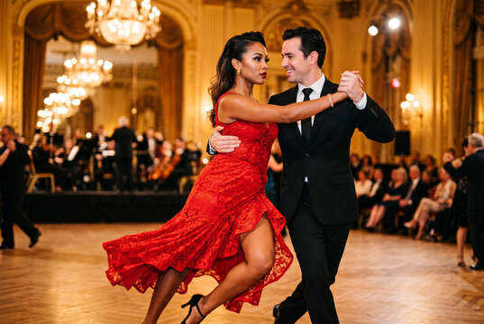 Tango Couple Dancing Elegantly in Luxury Ballroom Hall