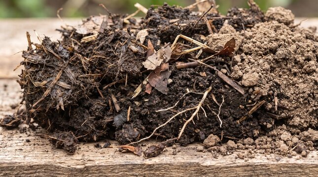 Rich Compost Soil Pile with Roots and Leaves
