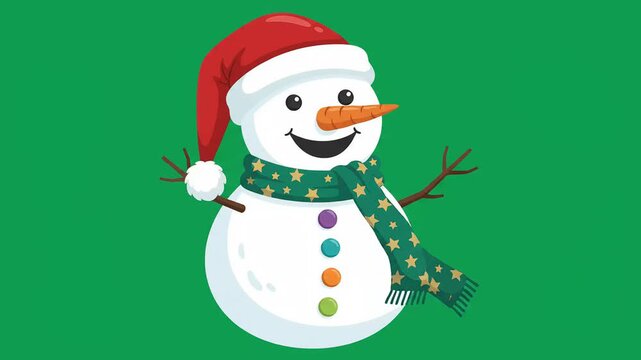 Animated cheerful snowman wearing red santa hat and festive green scarf waving against chromakey background into winter holiday seasonal greeting creative animations.
