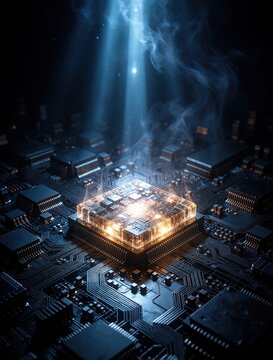 Glowing microchip sits on dark circuit board with bright light beam. Smoke rises from CPU processor in futuristic tech setting. Artificial intelligence concept shows powerful computer hardware with