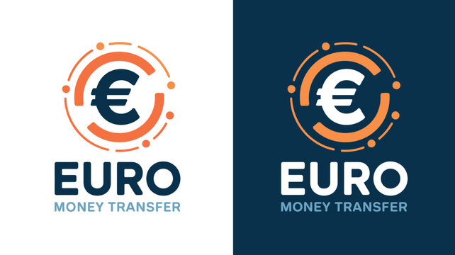 Euro Money Transfer Logo Design with Orange and Blue Currency Symbols