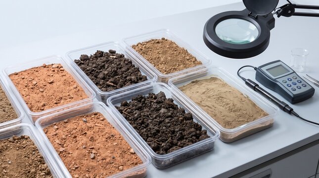 Soil samples in containers, magnifying glass, and digital meter on table