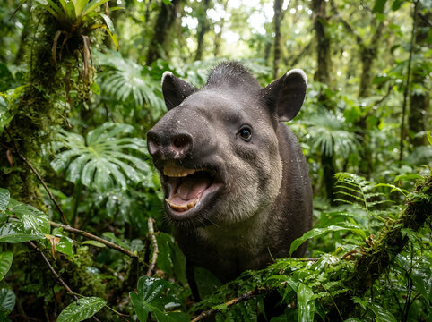Bairds tapir portrait with open mouth in tropical rainforest habitat