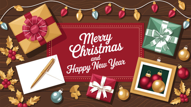 Merry Christmas and Happy New Year Greeting Card with Gifts, Ornaments and Festive Lights
