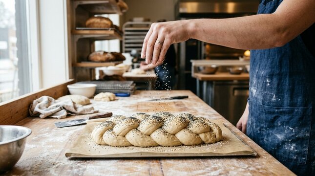 Baker sprinkling seeds on braided bread in a rustic kitchen