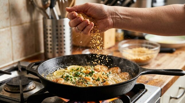 Adding spices to sizzling shrimp and lemon dish in cast iron skillet