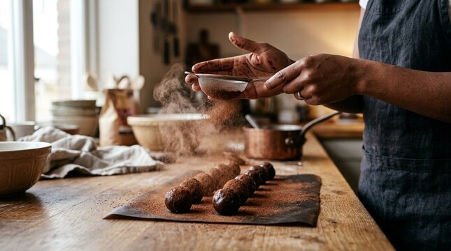 Baker dusting cocoa powder on chocolate eclairs in rustic kitchen