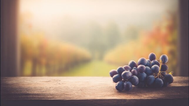Cluster of dark grapes on wooden board, vineyard harvest and wine concept