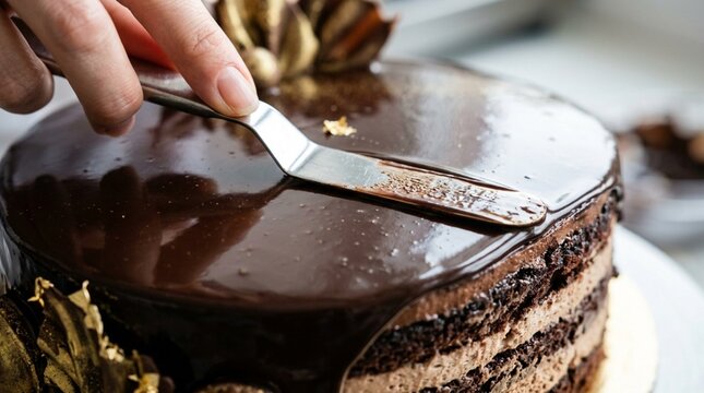 Baker smoothing chocolate glaze on layered cake, close-up action shot