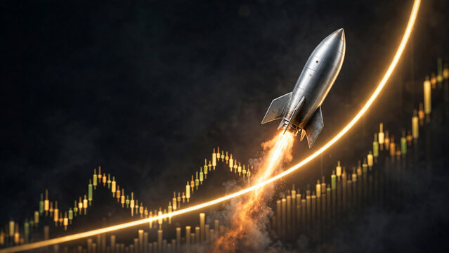 Metallic rocket launching upwards over a glowing stock market candlestick chart, ideal for financial growth, investment strategy and business success