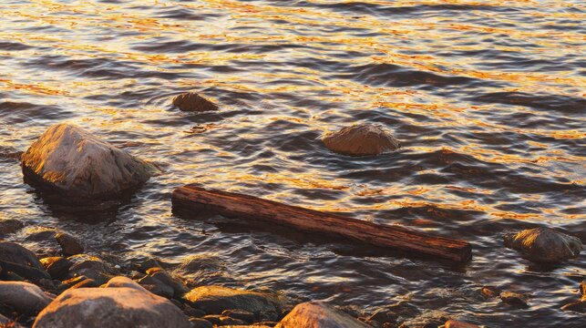 Calm river water with sunset light, stones and driftwood, peaceful nature and serenity concept